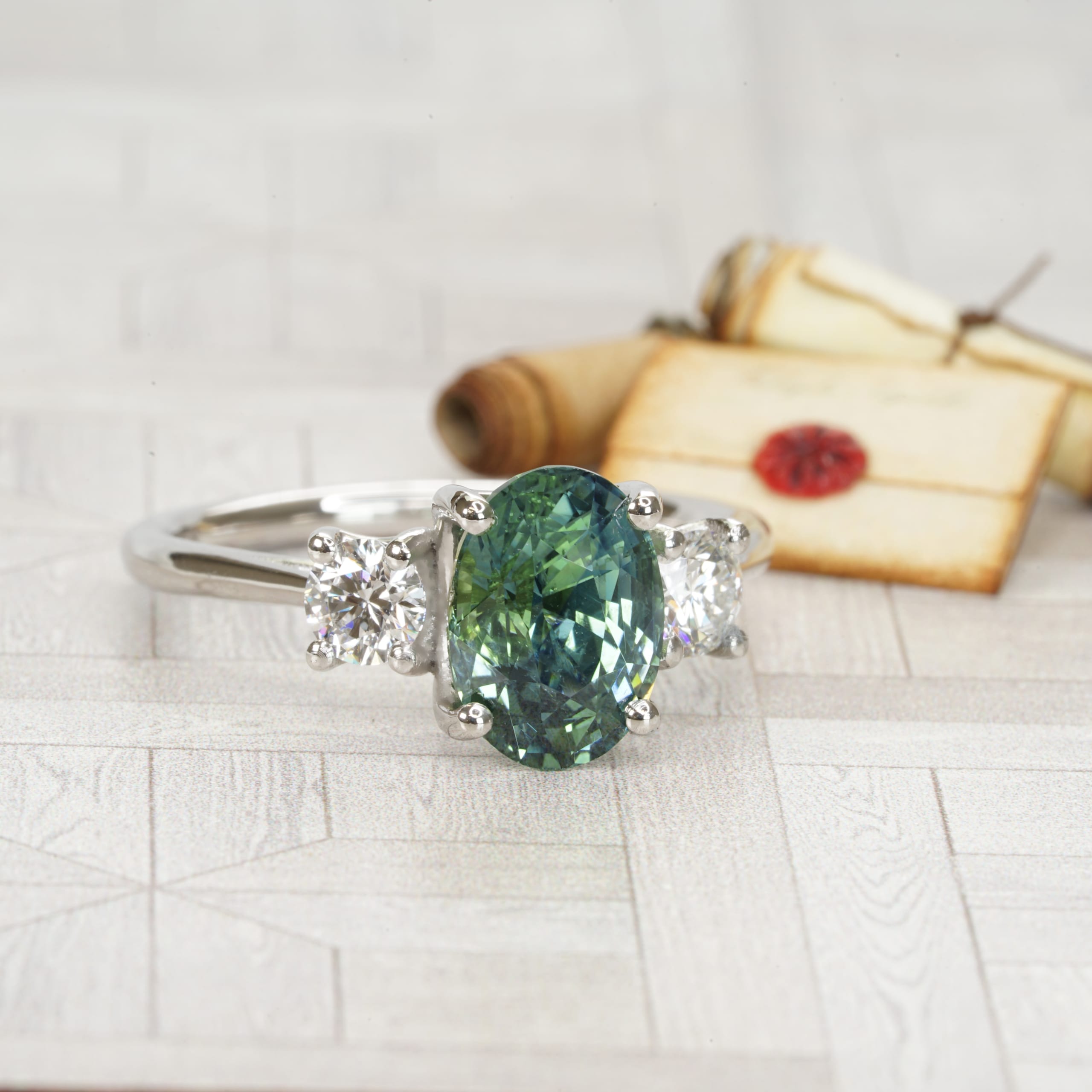 Oval teal sapphire and diamond ring — 3