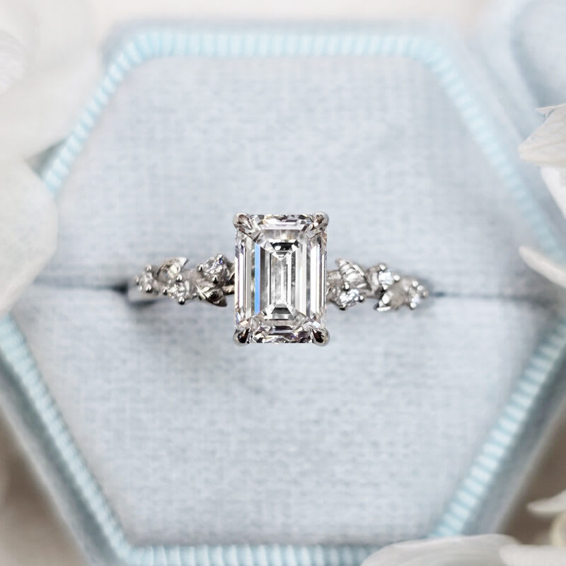 Emerald cut diamond nature inspired ring