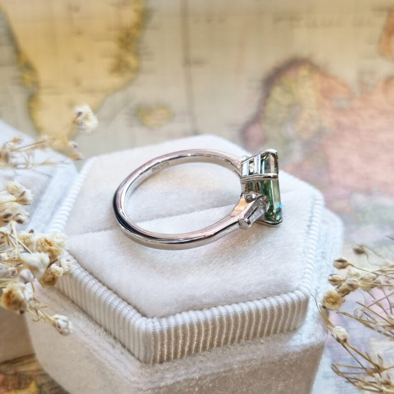 Lab grown forest green diamond trilogy ring in platinum — 4