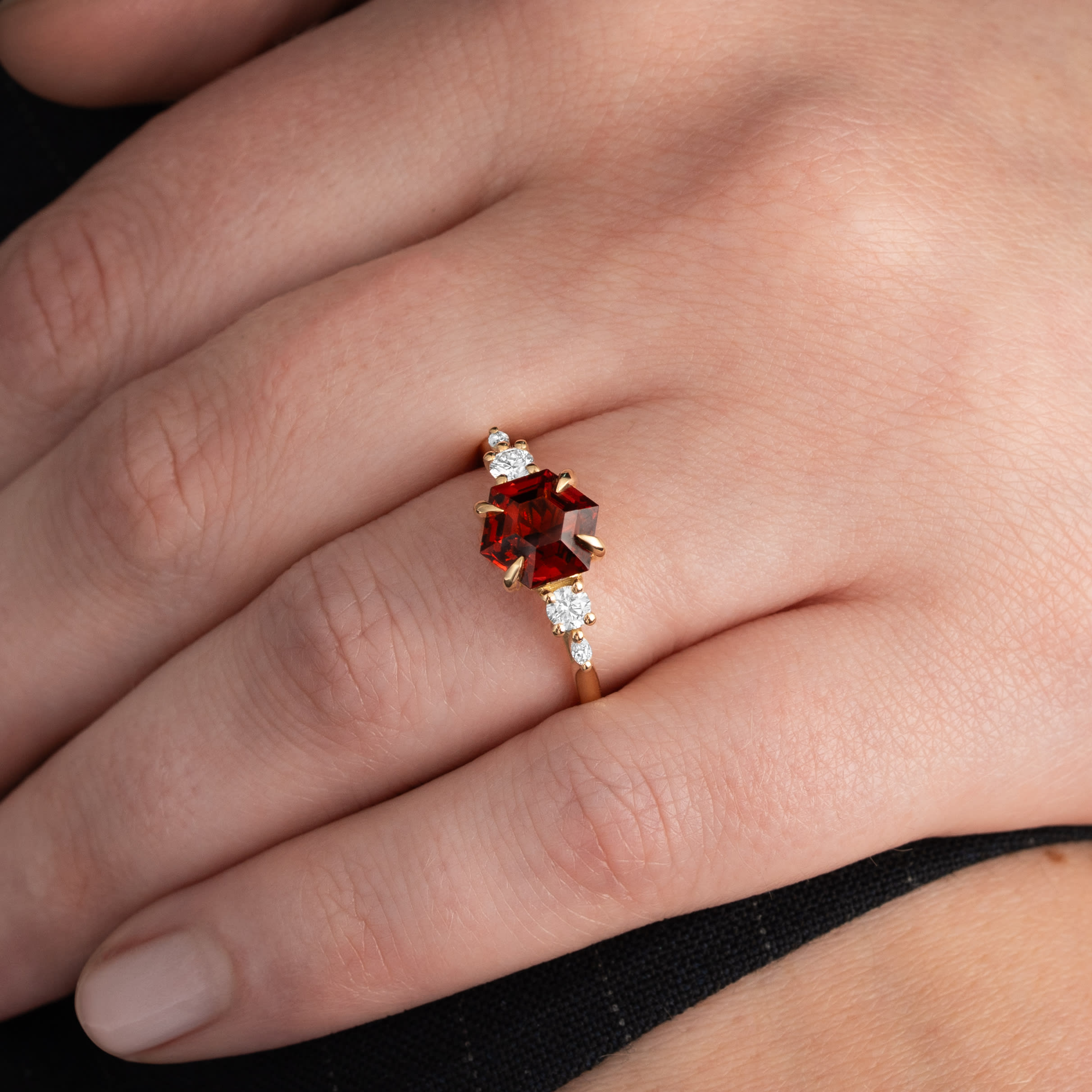 'Sonder' Hexagon spessartine garnet and diamond trellis ring  — 7