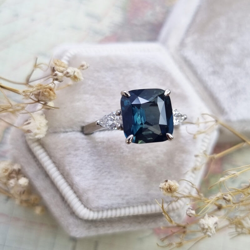 Cushion teal sapphire and diamond trilogy ring in platinum — 5