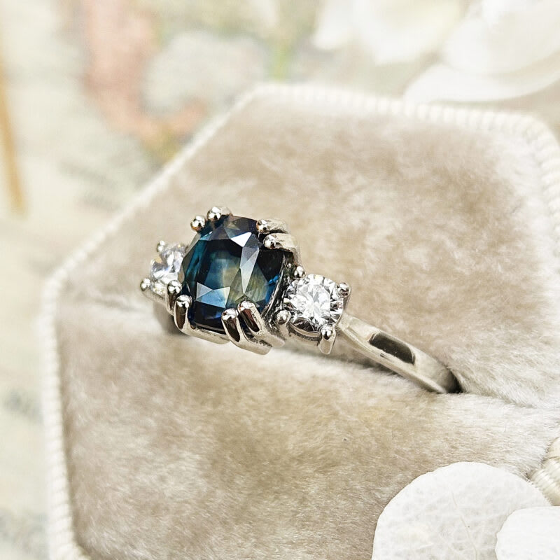 Cushion cut teal sapphire and diamond trilogy ring — 5