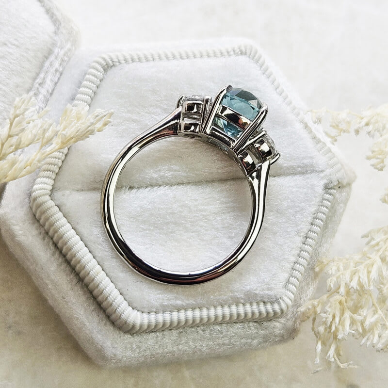Cushion cut icy blue tourmaline and diamond trilogy ring — 3