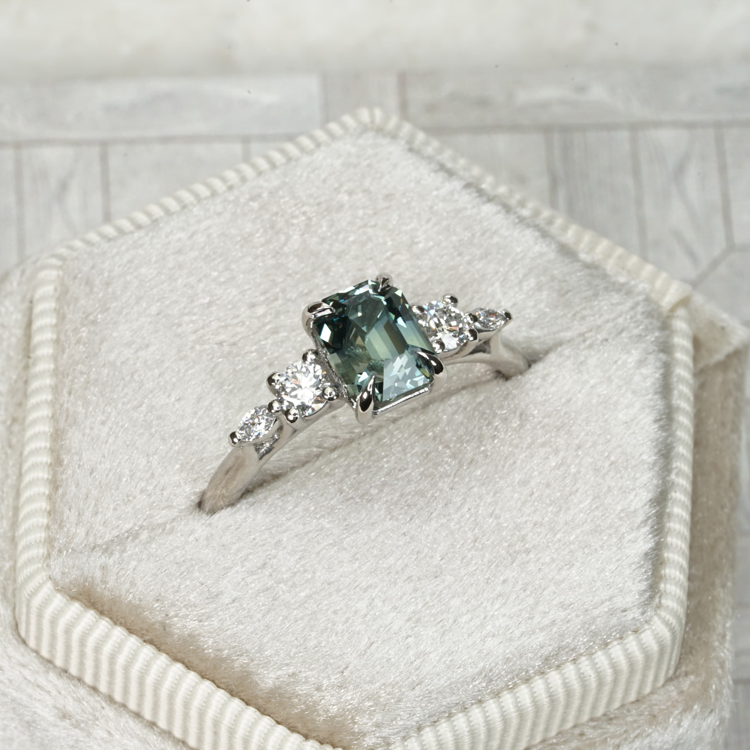 Smoky teal sapphire and diamond ring — 2