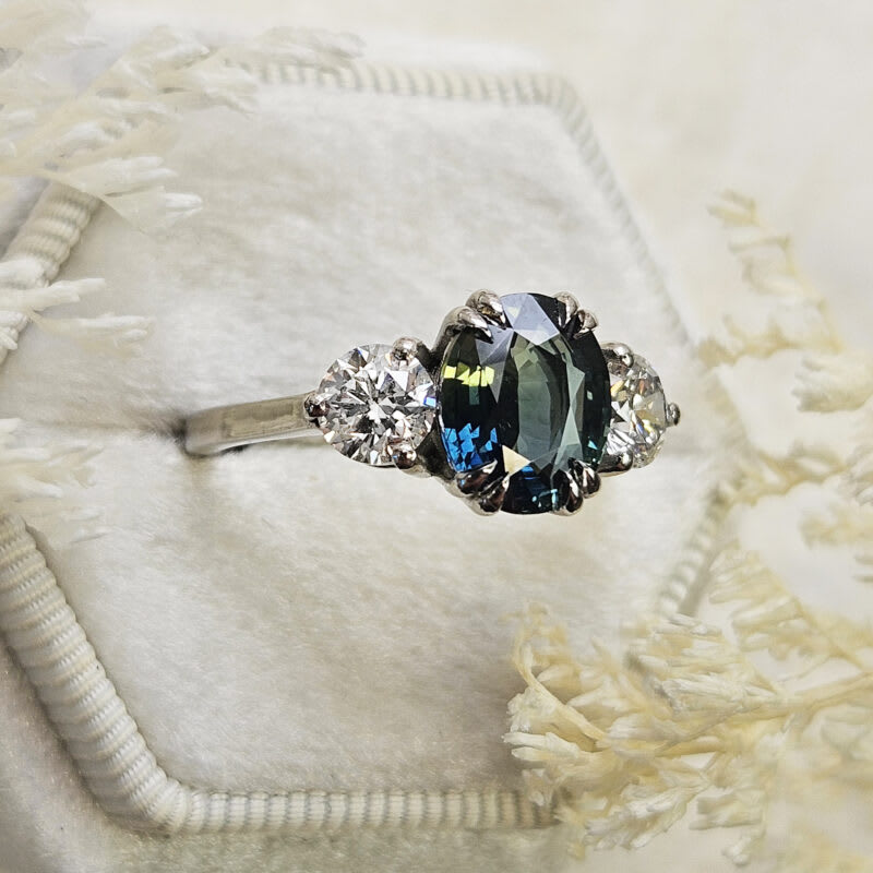 Oval teal sapphire and diamond trilogy ring — 5