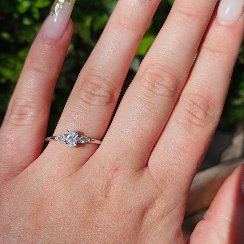 Oval and pear lab grown diamond trilogy ring - alternate view
