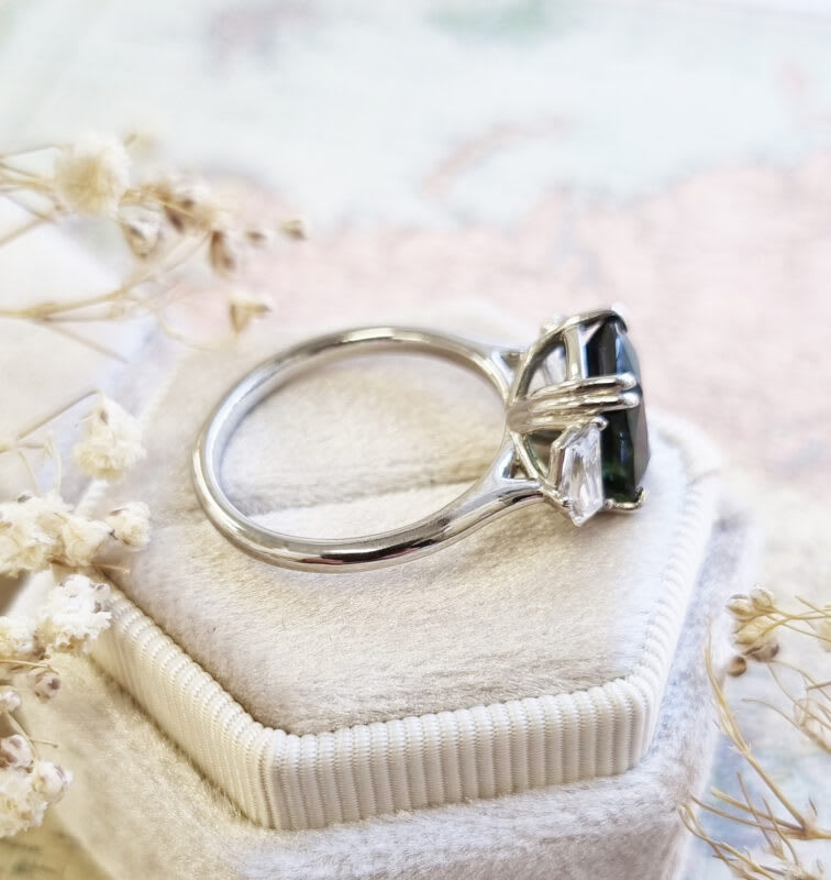 Cushion cut forest green sapphire and diamond trilogy ring — 4