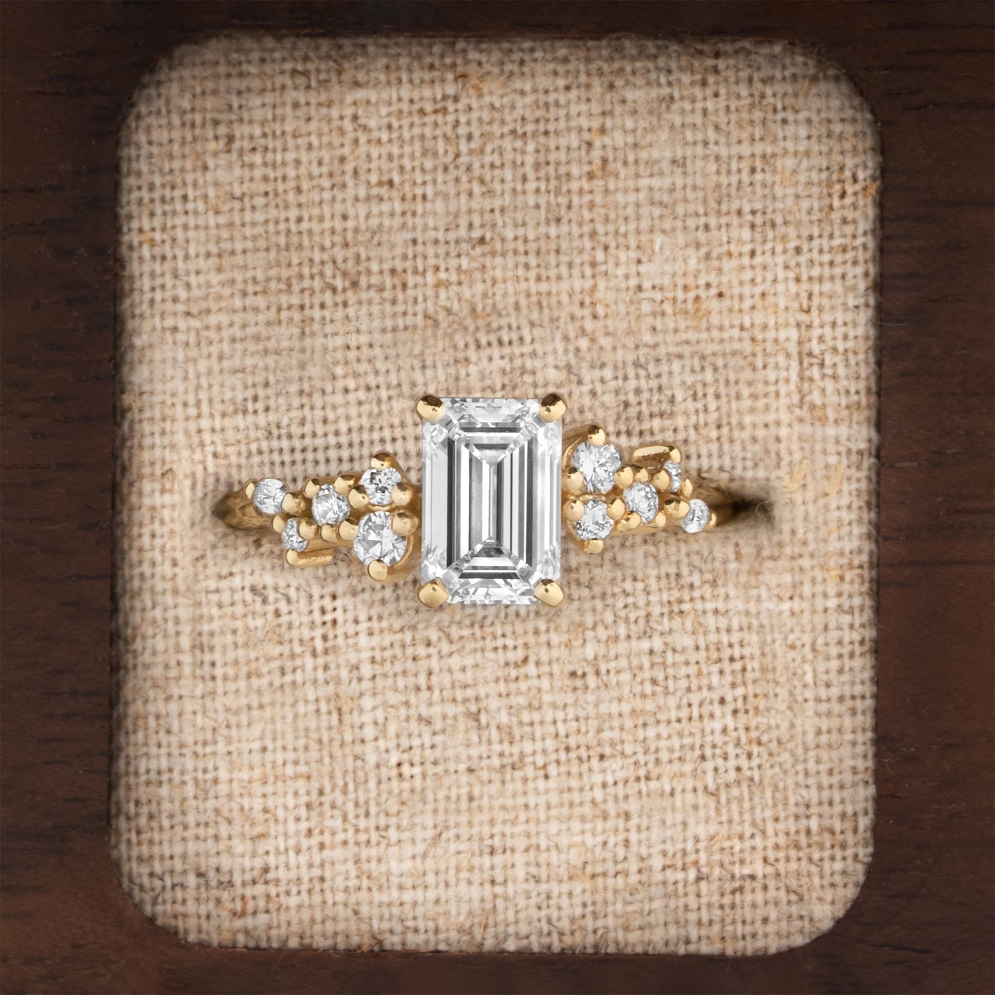 'Hazel' Emerald cut lab grown diamond floral ring