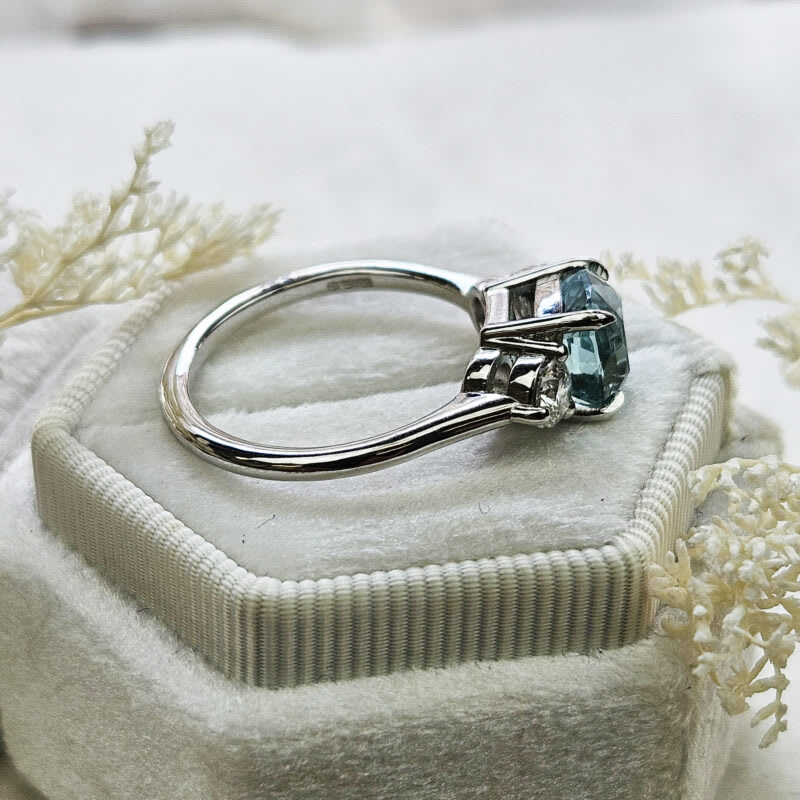 Cushion cut icy blue tourmaline and diamond trilogy ring — 4