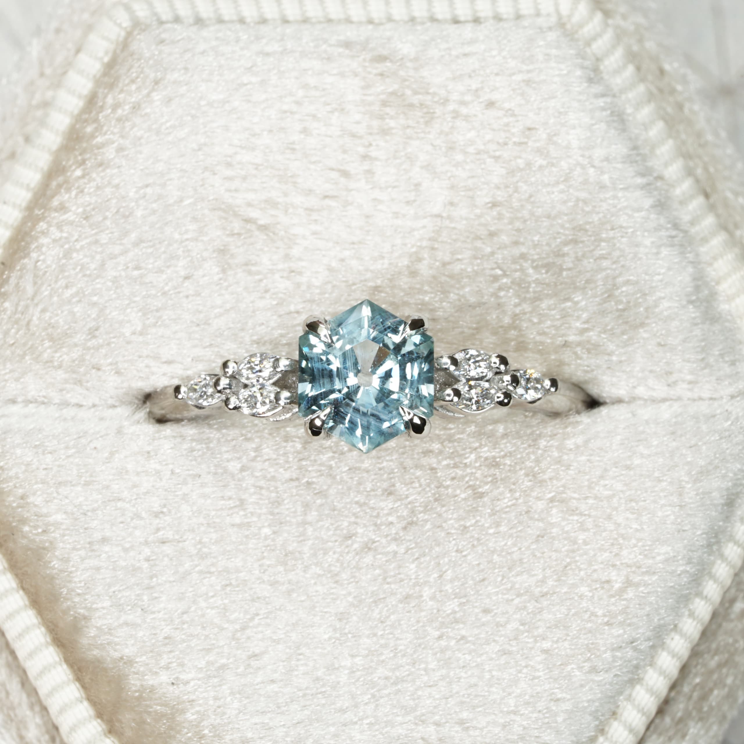 Hexagon icy teal sapphire and diamond ring — 1