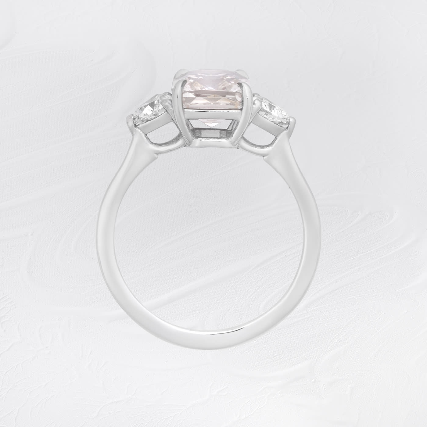 Emerald cut peach sapphire and trillion diamond ring — 3