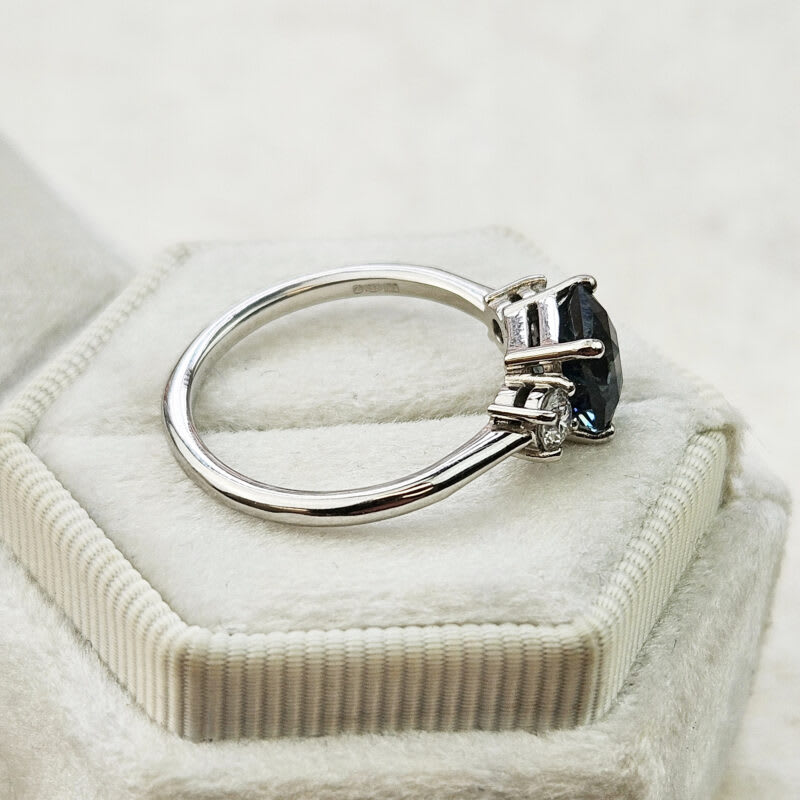 Radiant cut teal sapphire and diamond trilogy ring — 3