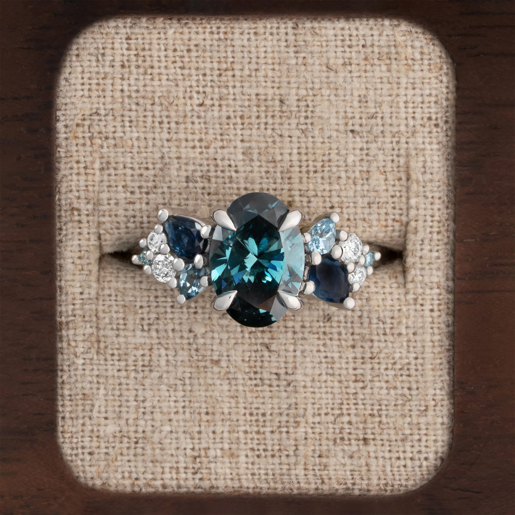 'Wildflower' Deep teal diamond, sapphire and aquamarine ring — 1