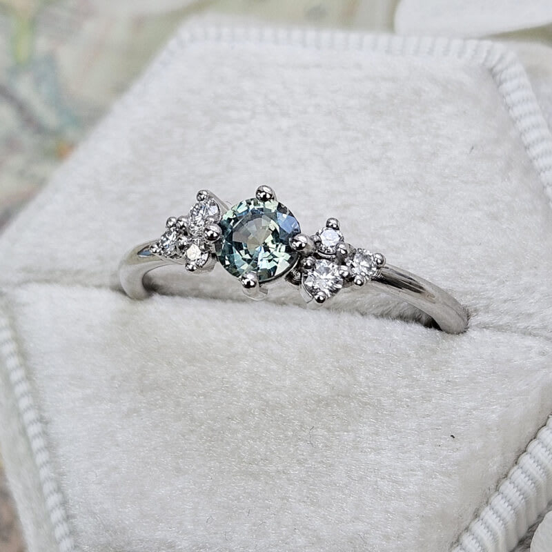 Lab seafoam sapphire and diamond cluster engagement ring — 5