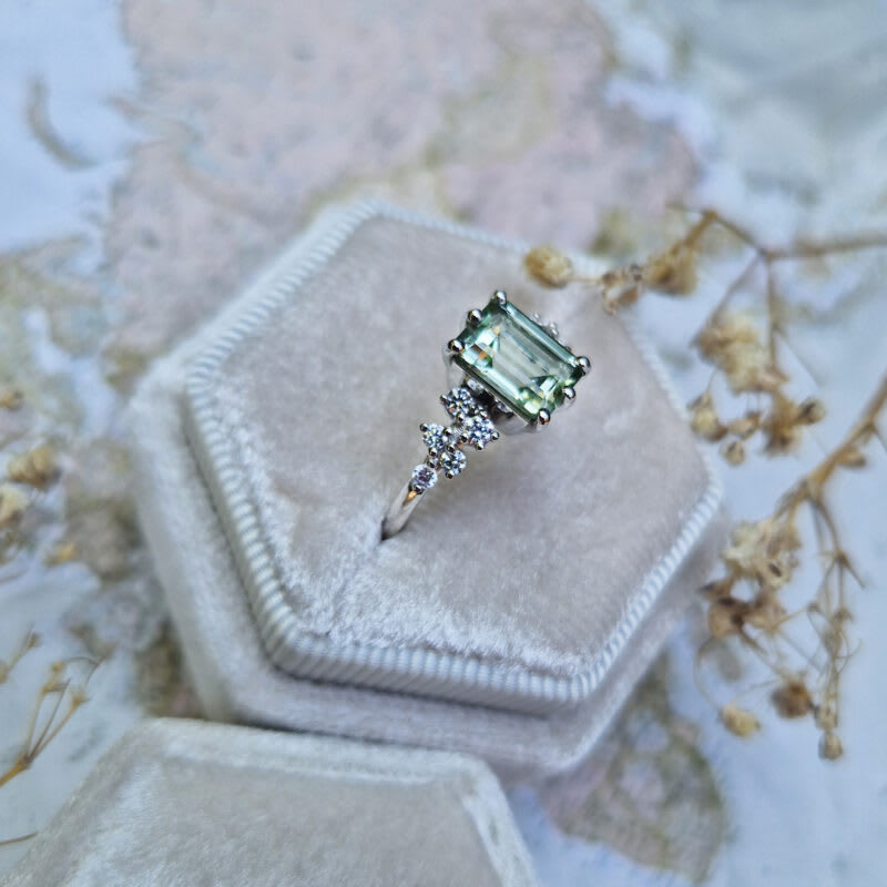 Mint green beryl and diamond ring in platinum - alternate view