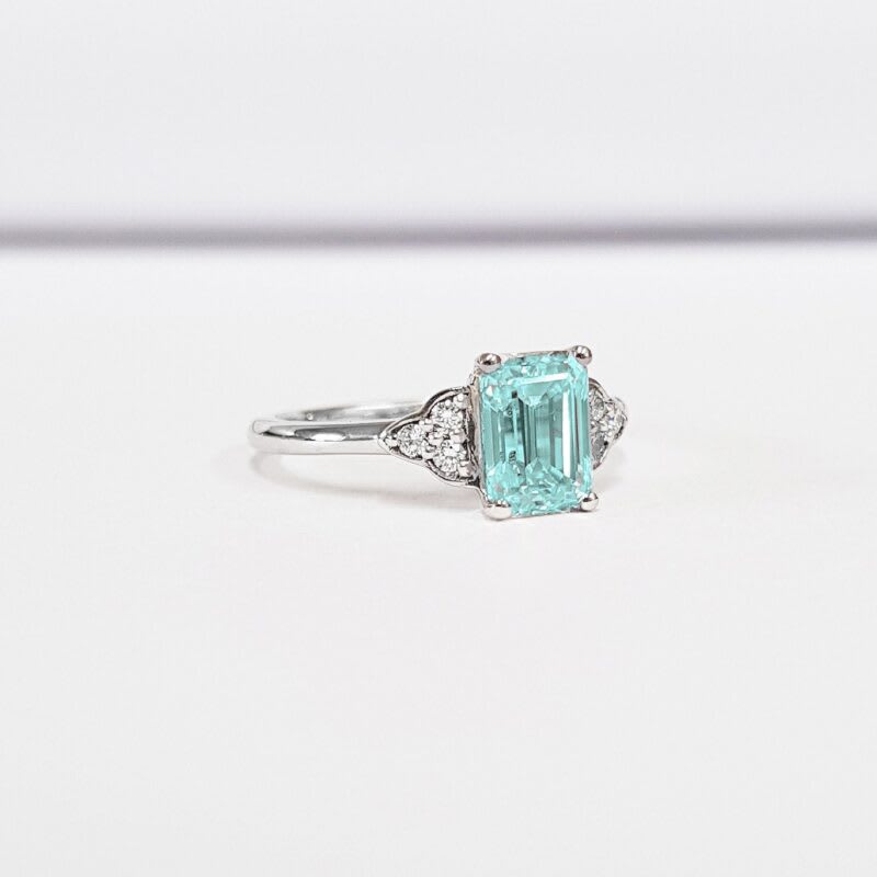 Emerald cut mint sapphire and diamond ring  - alternate view