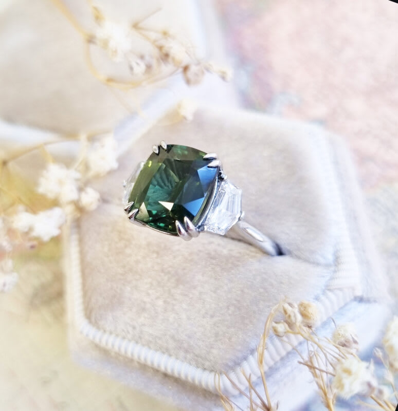 Cushion cut forest green sapphire and diamond trilogy ring — 5