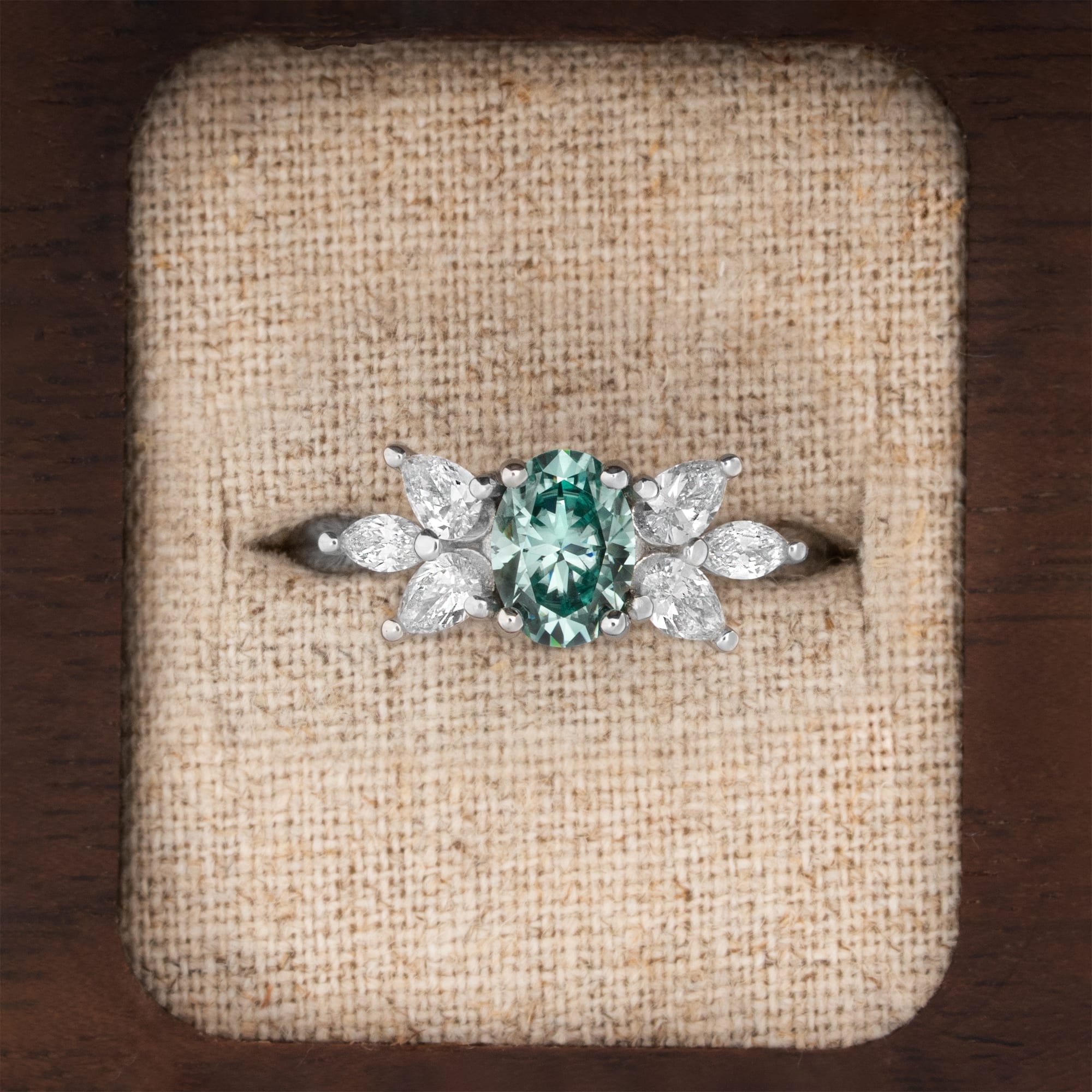 Light green moissanite and diamond floral ring