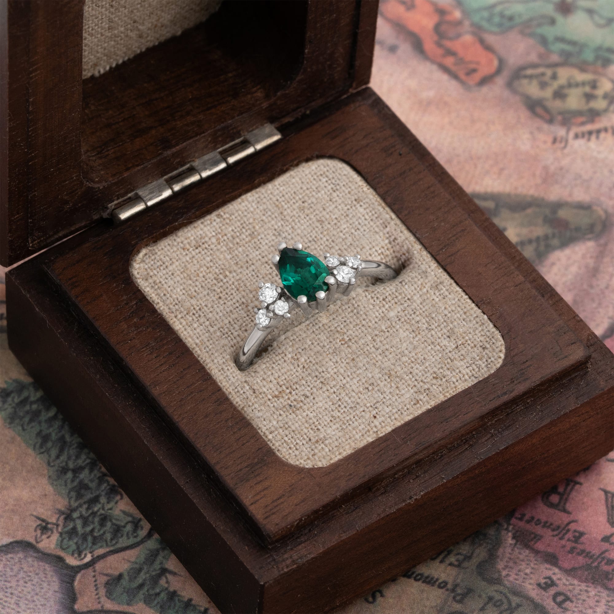 Pear cut lab grown emerald and diamond cluster ring — 3