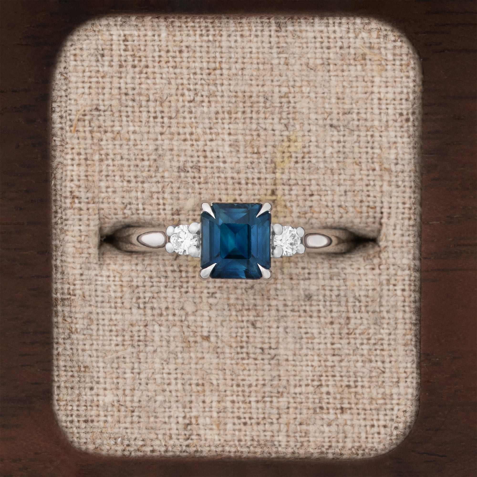 Octagonal Teal Sapphire and Diamond Trilogy in Platinum