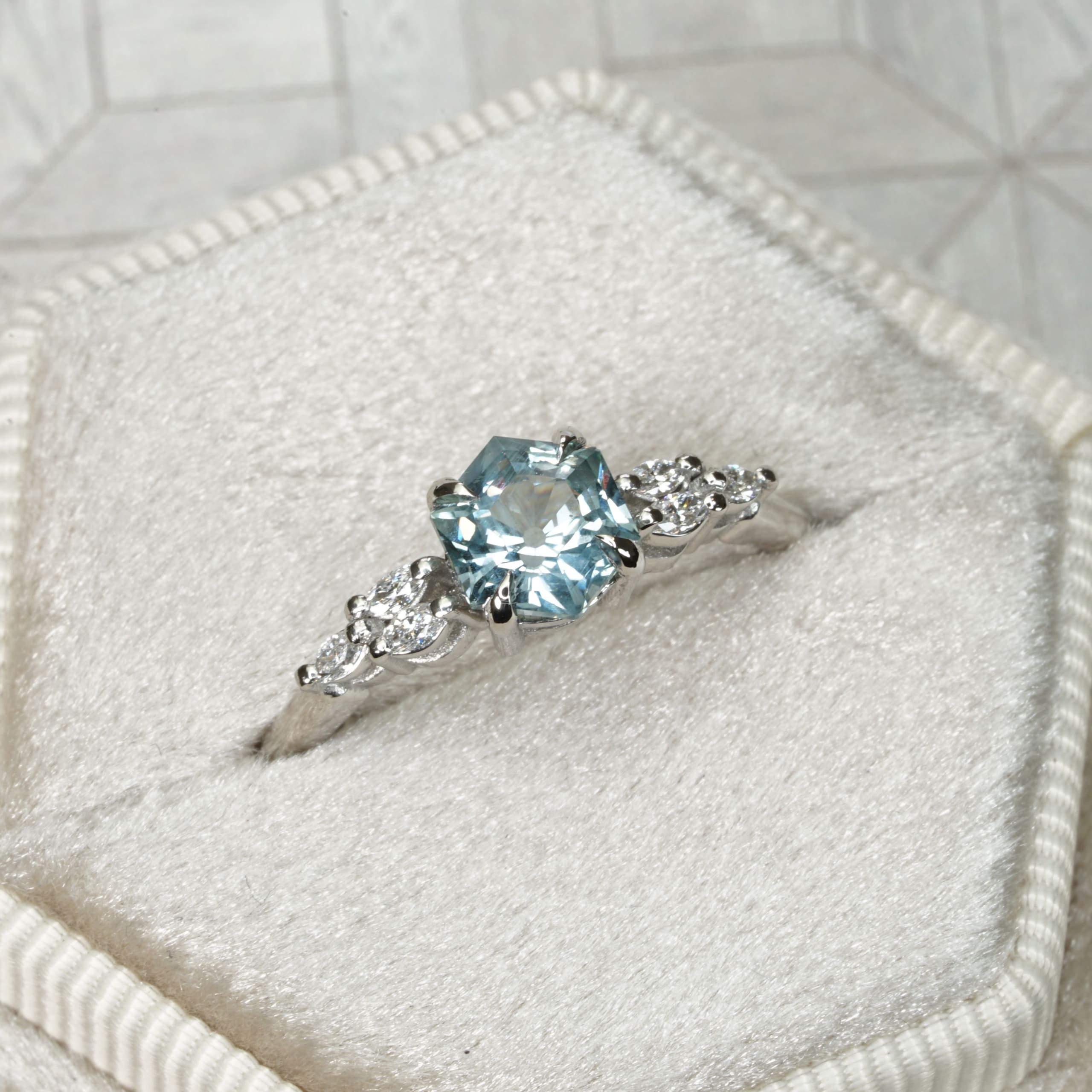 Hexagon icy teal sapphire and diamond ring — 2