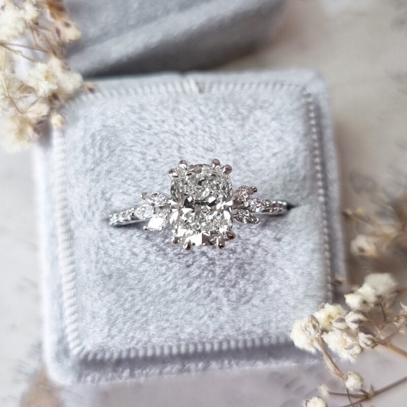 Cushion cut lab grown diamond floral engagement ring product image