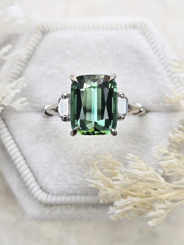 Cushion cut mint tourmaline and diamond antique inspired ring product image