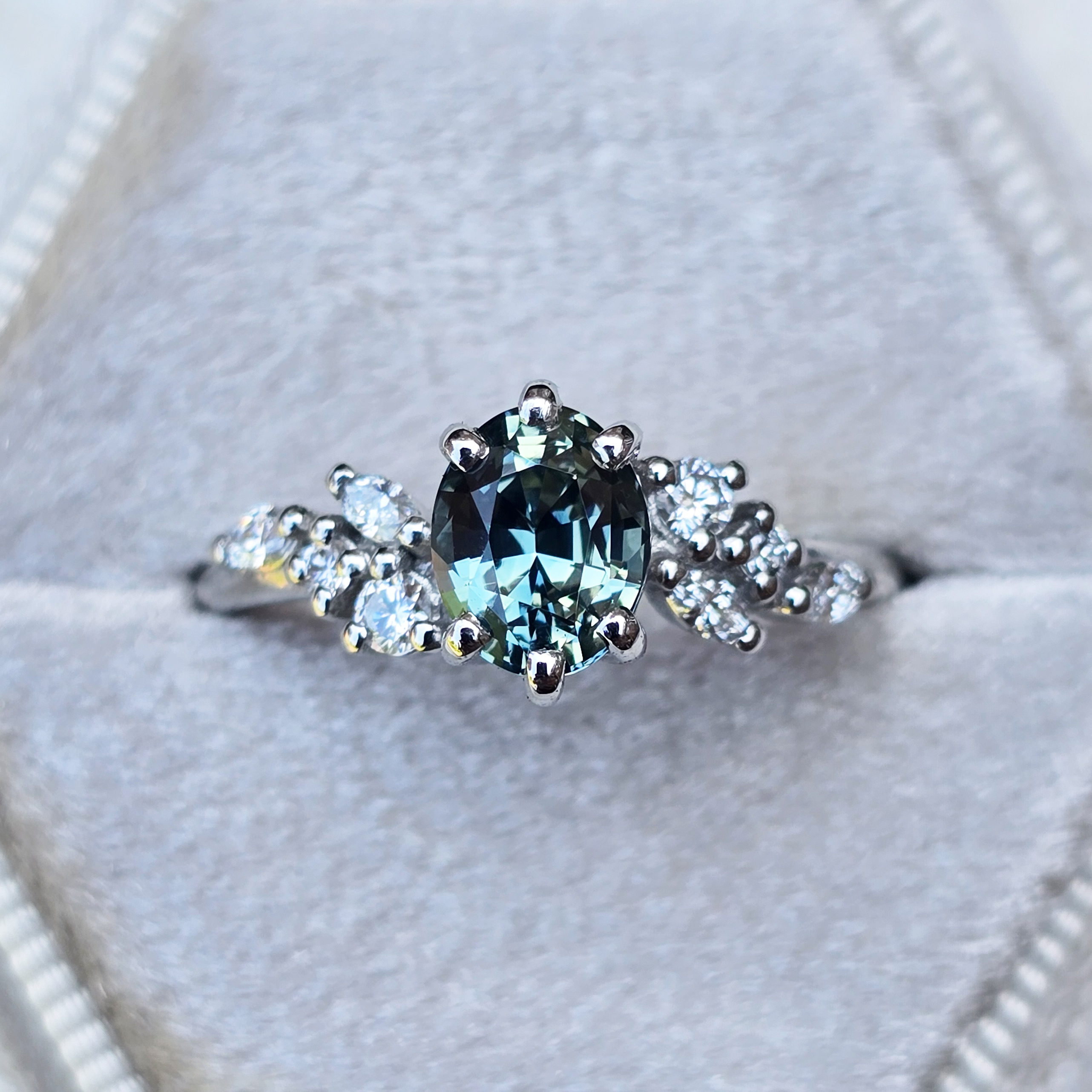 Icy teal sapphire and lab grown diamond floral ring product image