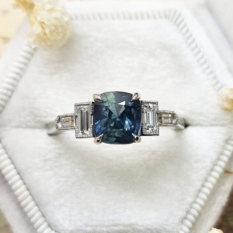 Cushion teal sapphire and baguette diamond ring product image