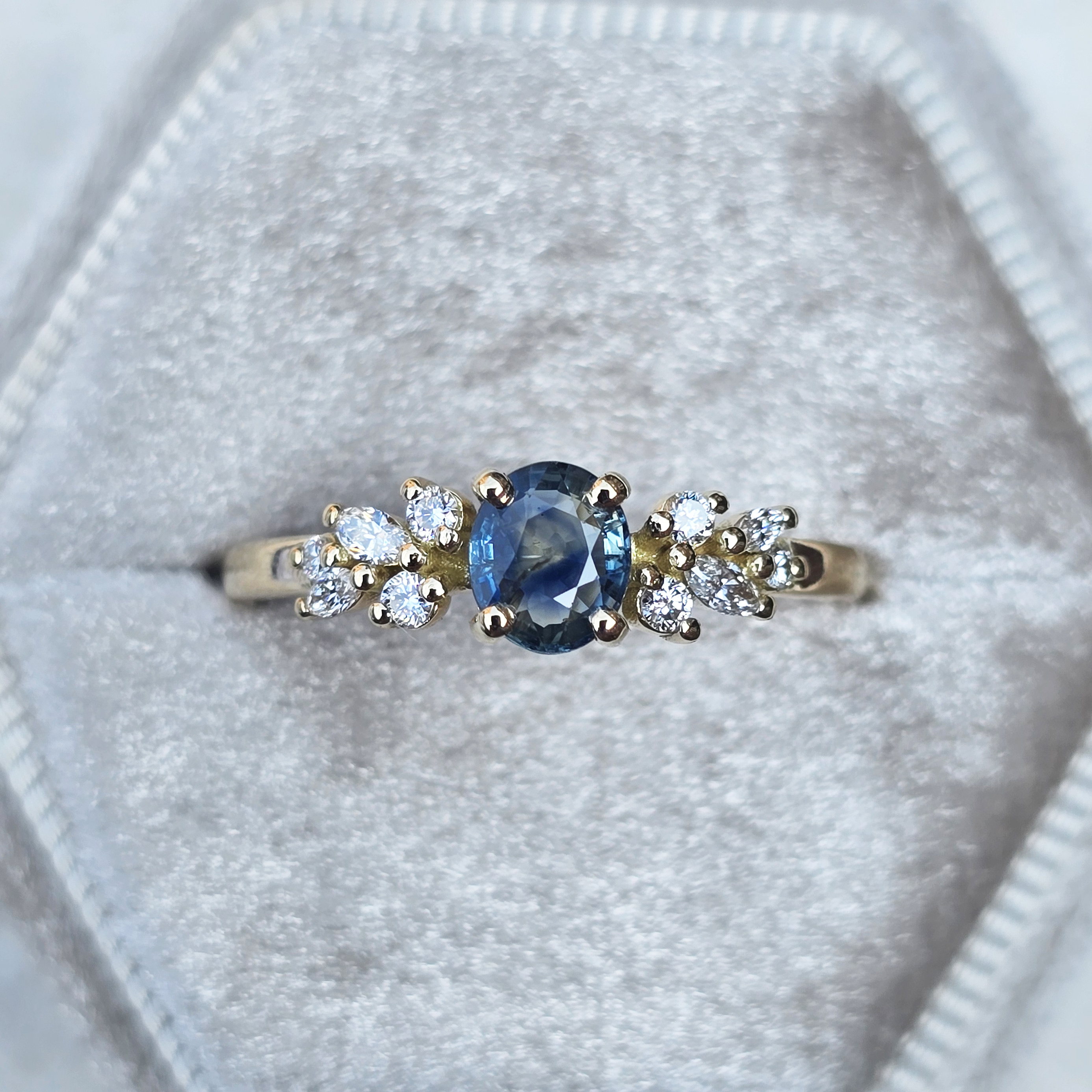 Blue sapphire and diamond floral ring product image
