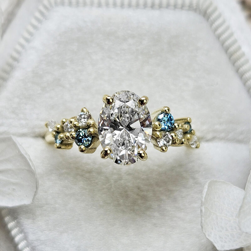Oval lab grown diamond floral ring in 14ct yellow gold product image