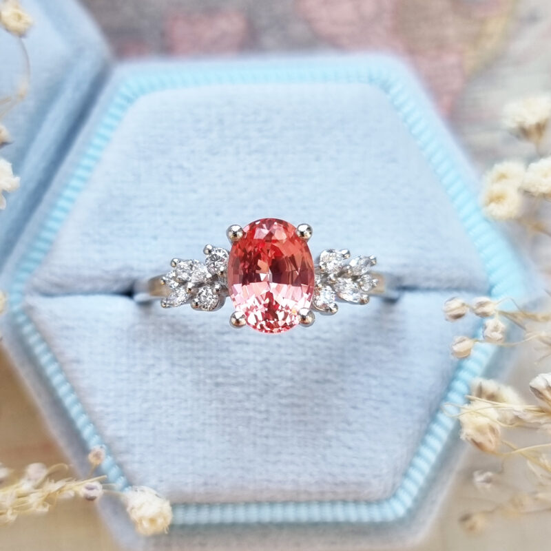 Lab grown padparadscha sapphire and diamond floral ring product image
