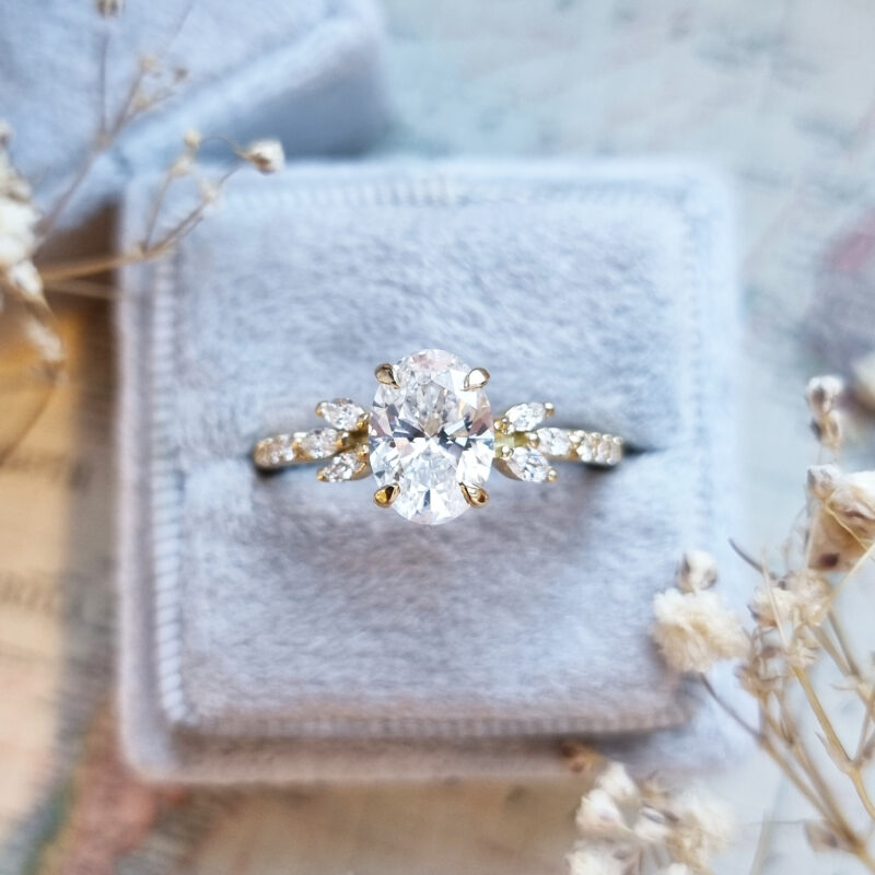 Oval lab grown diamond floral ring in 18ct yellow gold product image