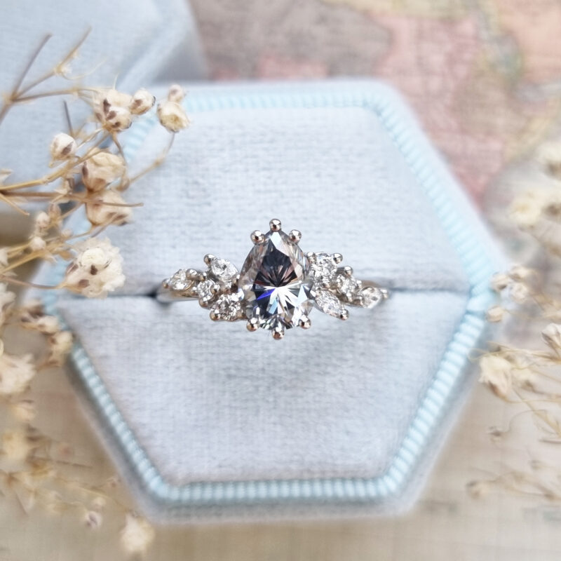 Light grey pear moissanite and diamond floral ring product image