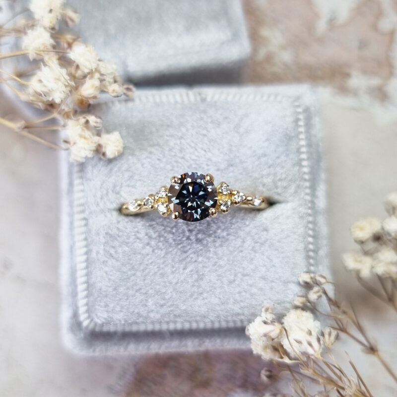 Midnight grey moissanite and diamond floral inspired ring product image