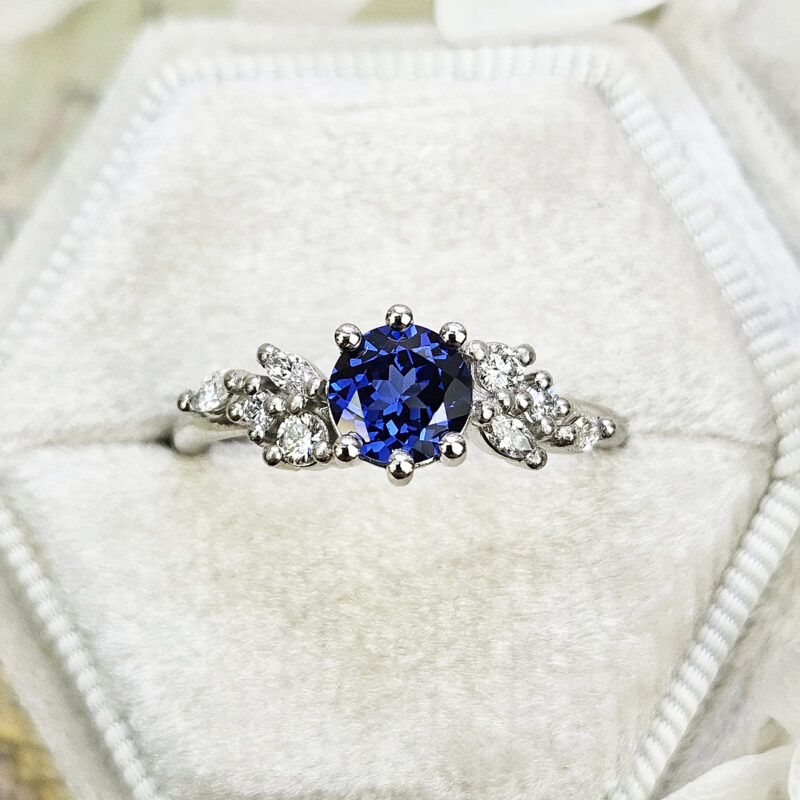 Lab grown blue sapphire and diamond floral ring product image