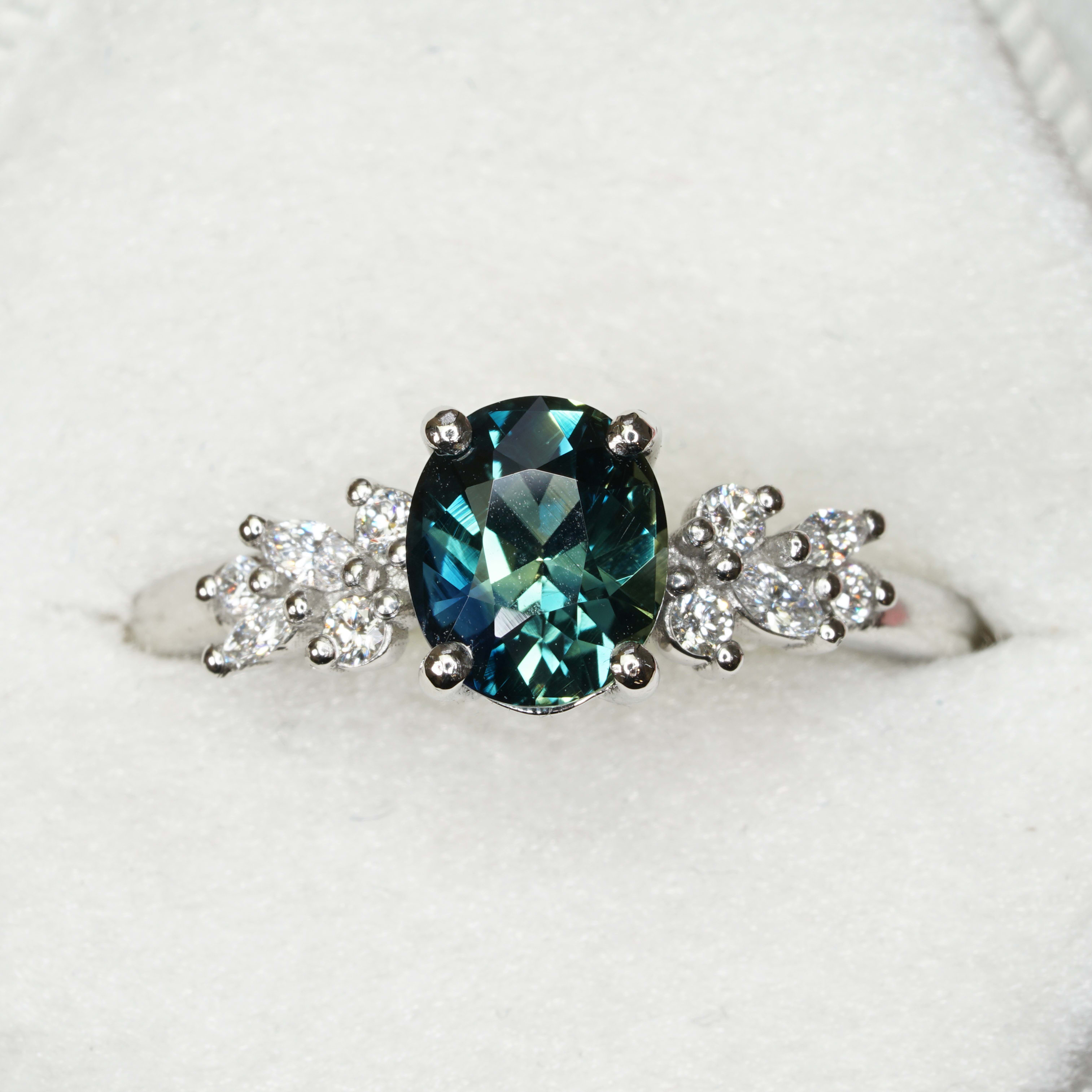 Teal sapphire and diamond floral ring product image
