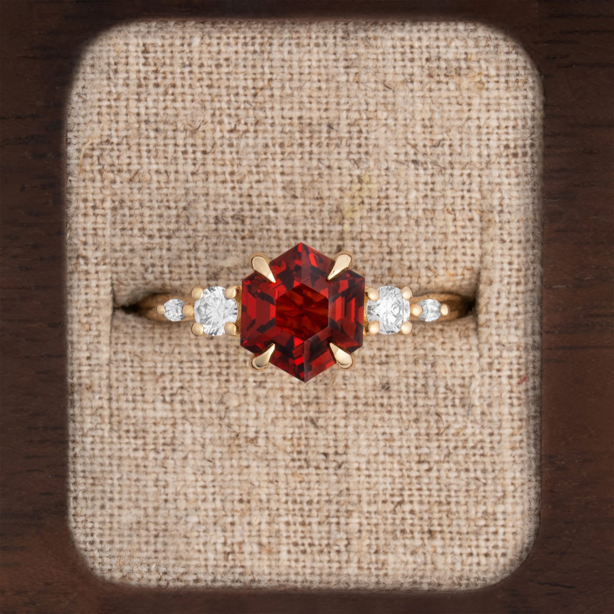 Hexagon spessartine garnet and diamond trellis ring 