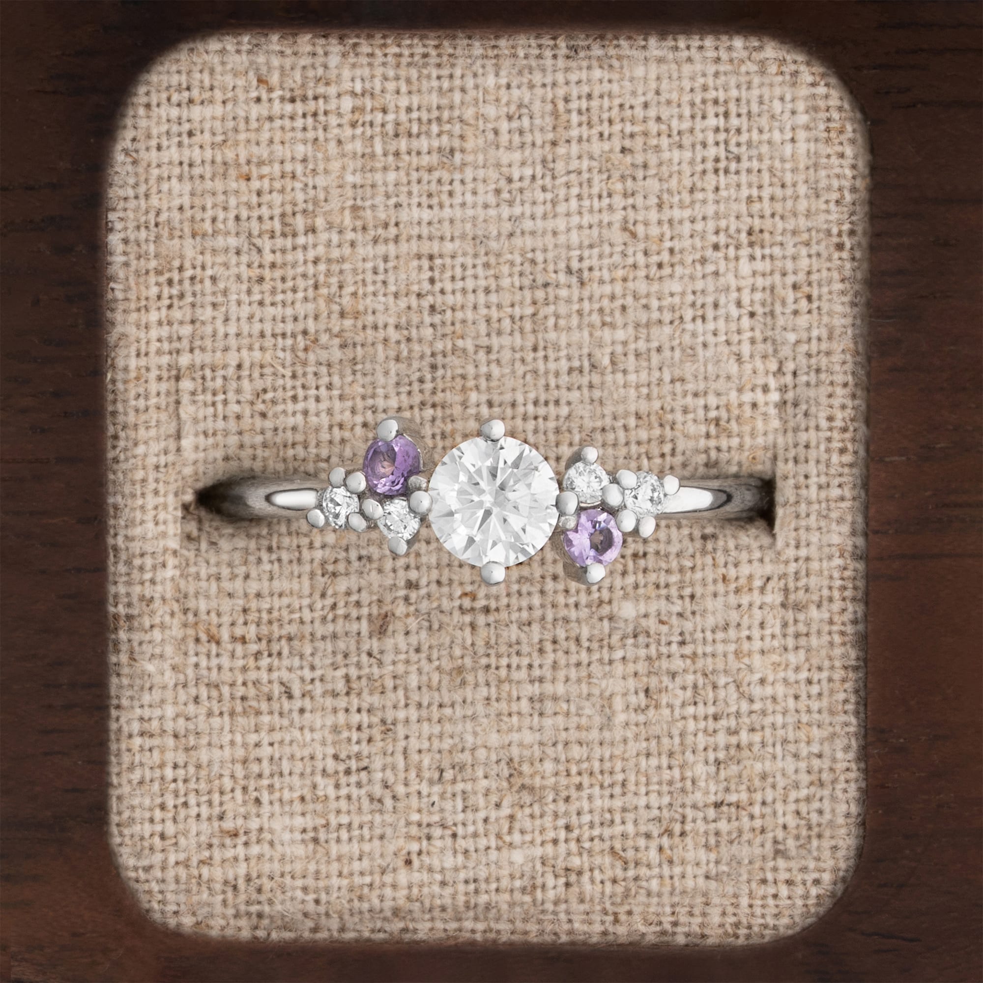 Moissanite with lavender amethyst and diamond cluster ring  — 1