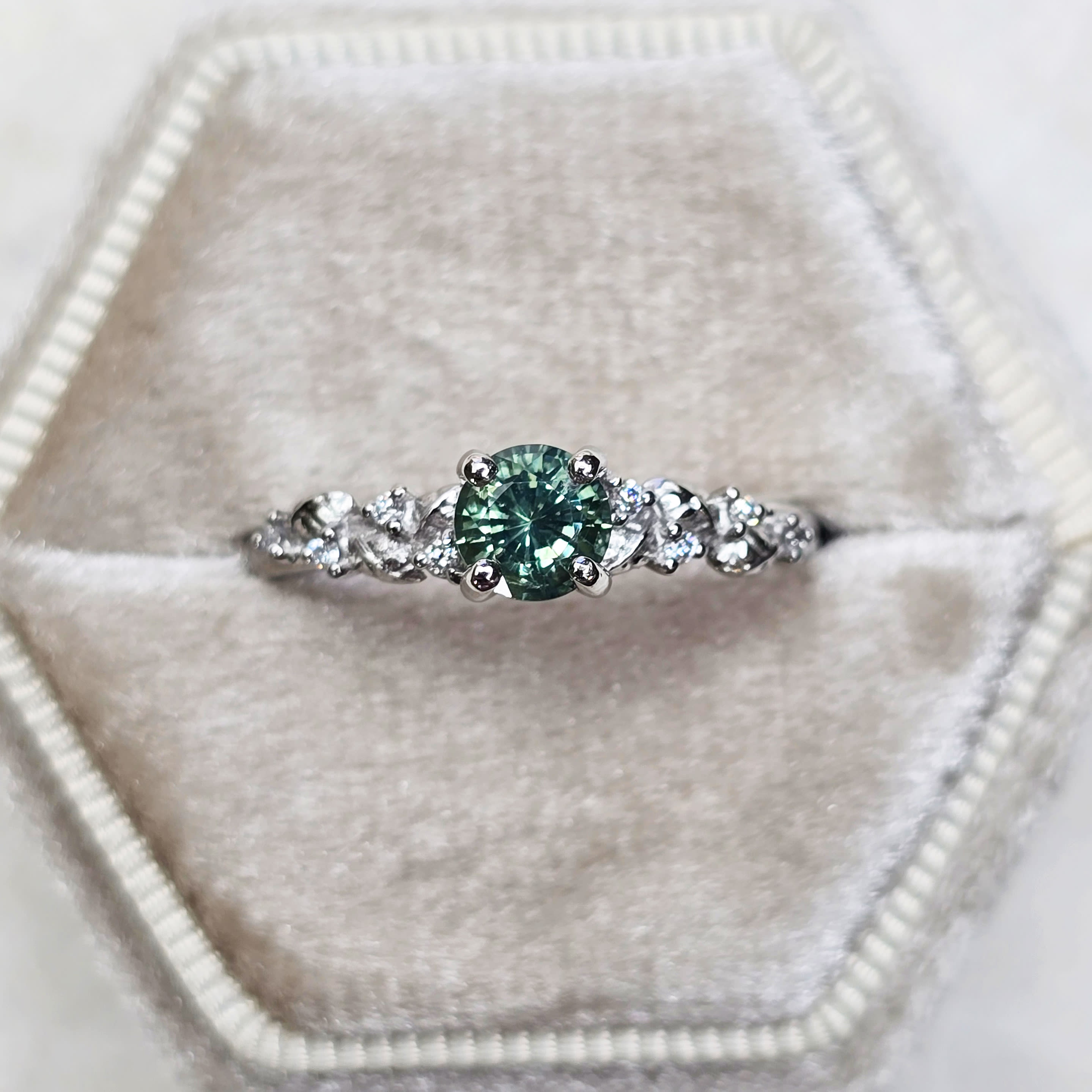 Teal sapphire and diamond nature inspired ring product image