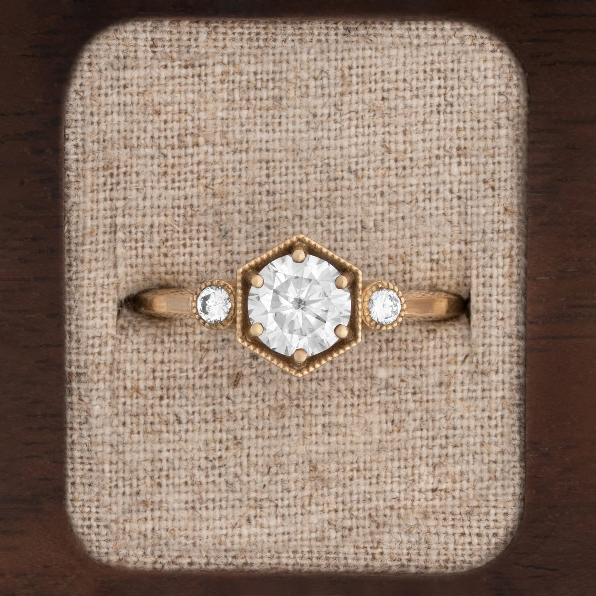 Moissanite three stone trilogy milgrain hexagon engagement ring  — 1