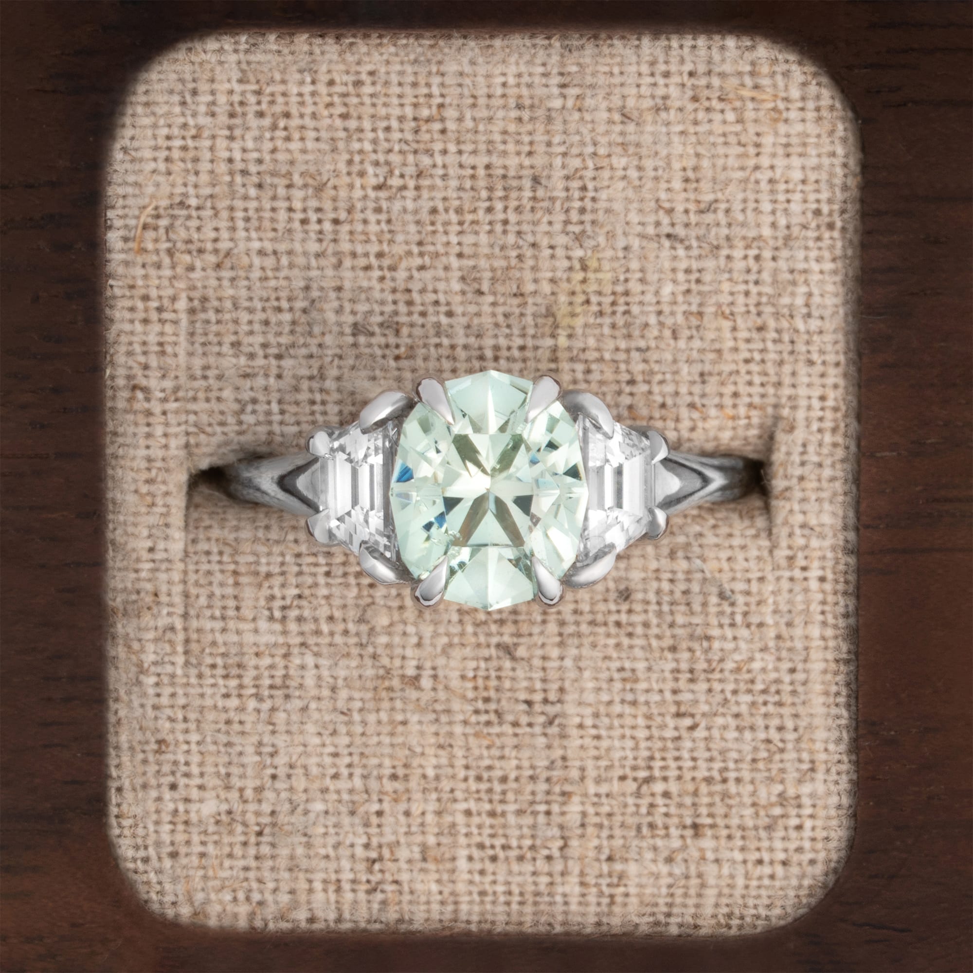 Mint tourmaline and trapzoid lab diamond ring