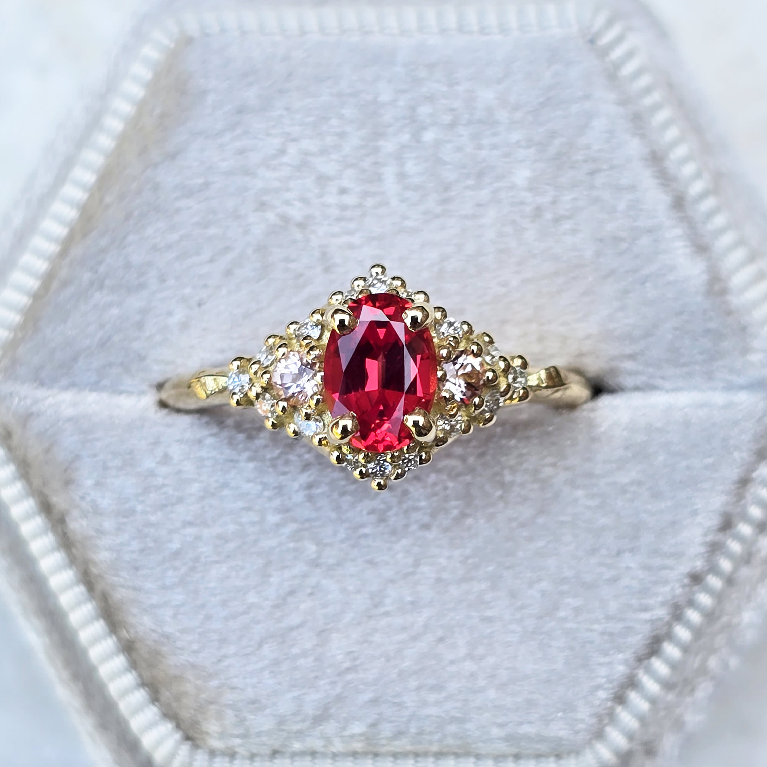 'Woodland' Chatham padparadscha, champagne sapphire and diamond ring product image