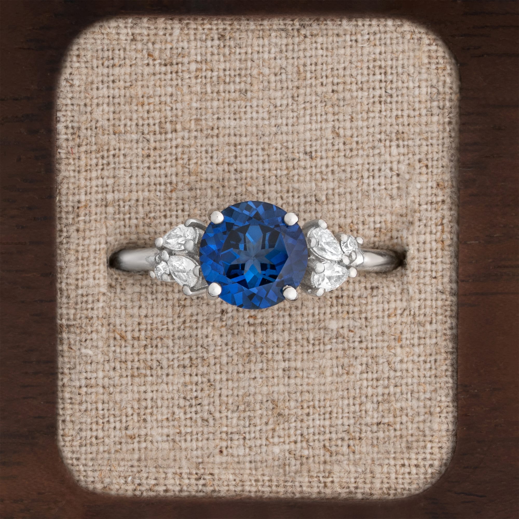 Lab grown blue sapphire and diamond cluster engagement ring — 5
