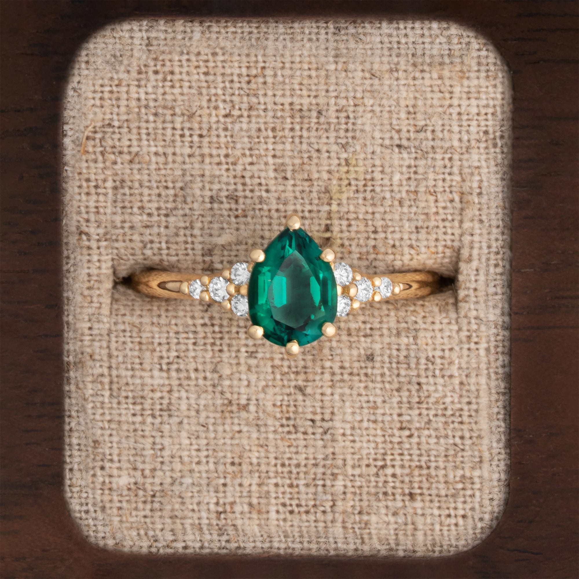 Pear lab Emerald and diamond 1920's inspired ring