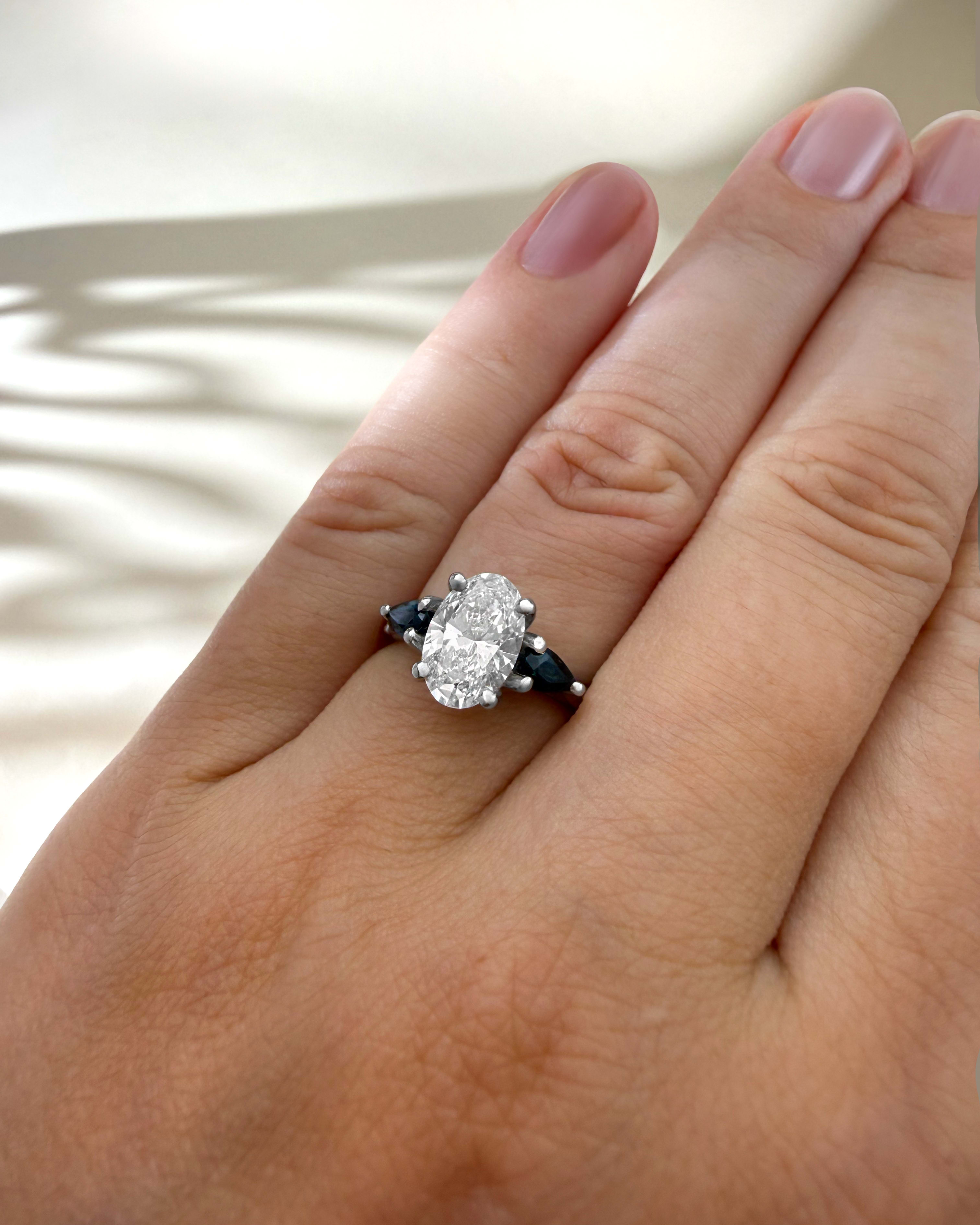 Oval lab grown diamond and sapphire  ring handmade in platinum — 4