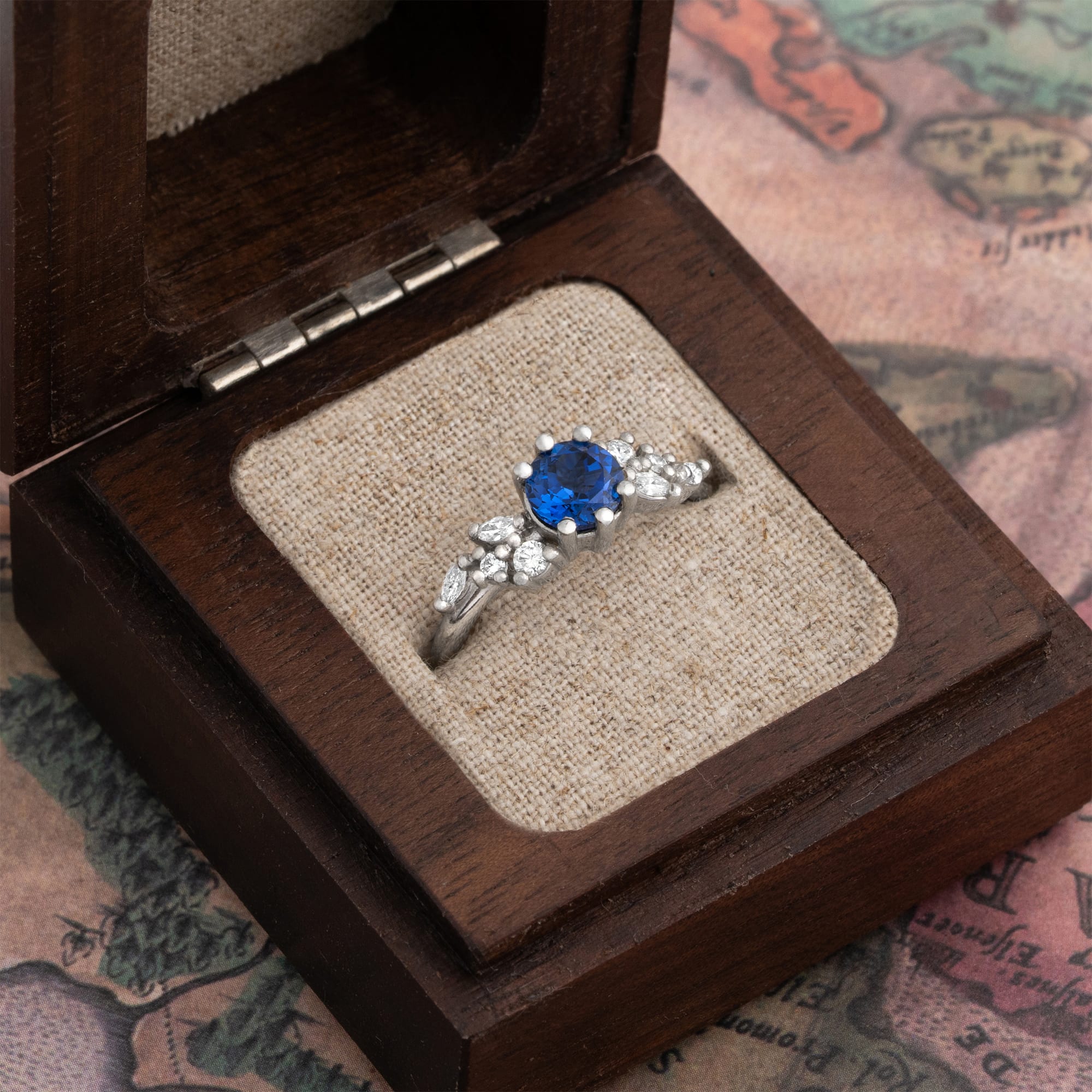 Lab grown blue sapphire and diamond floral ring — 3