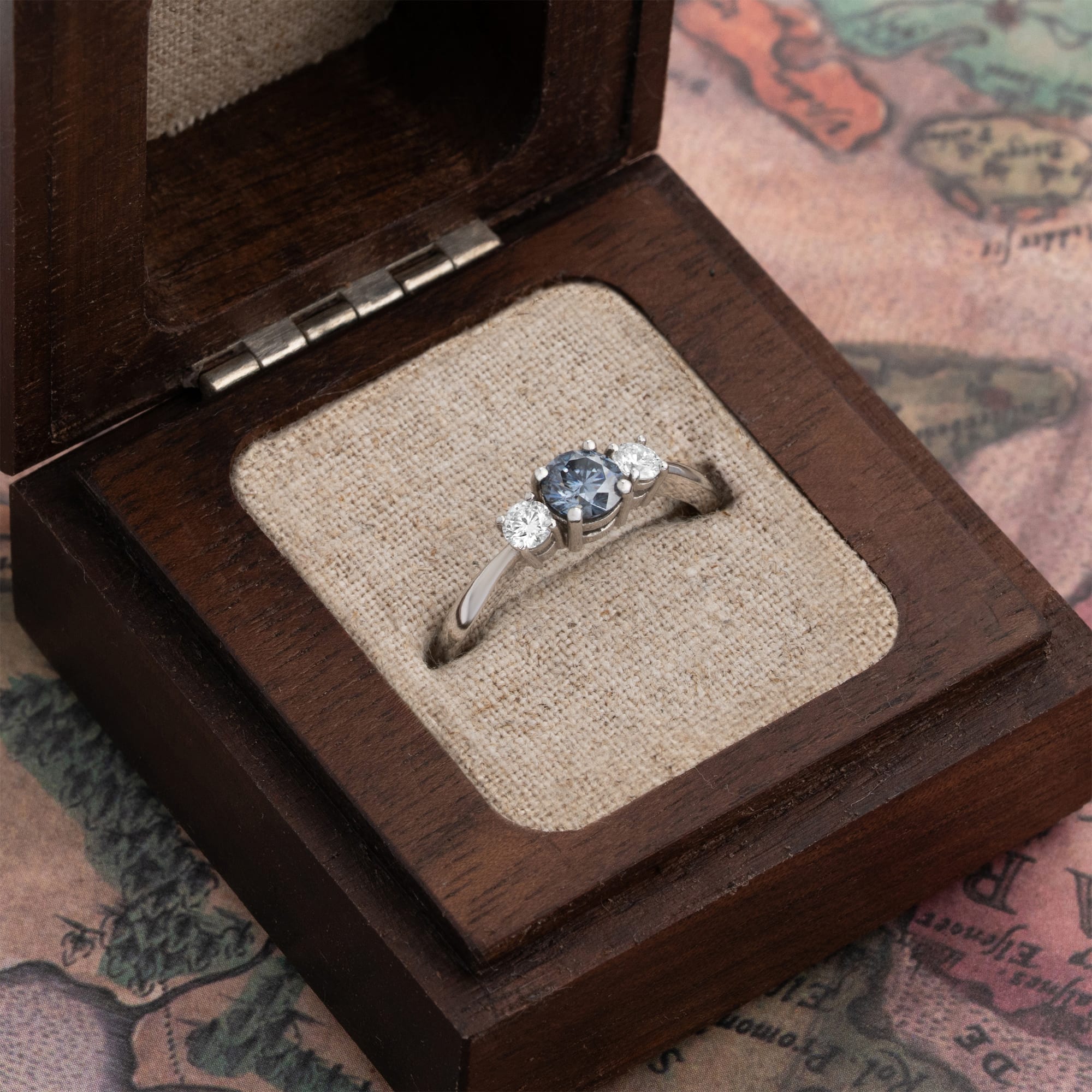 Grey moissanite trilogy engagement ring  — 2