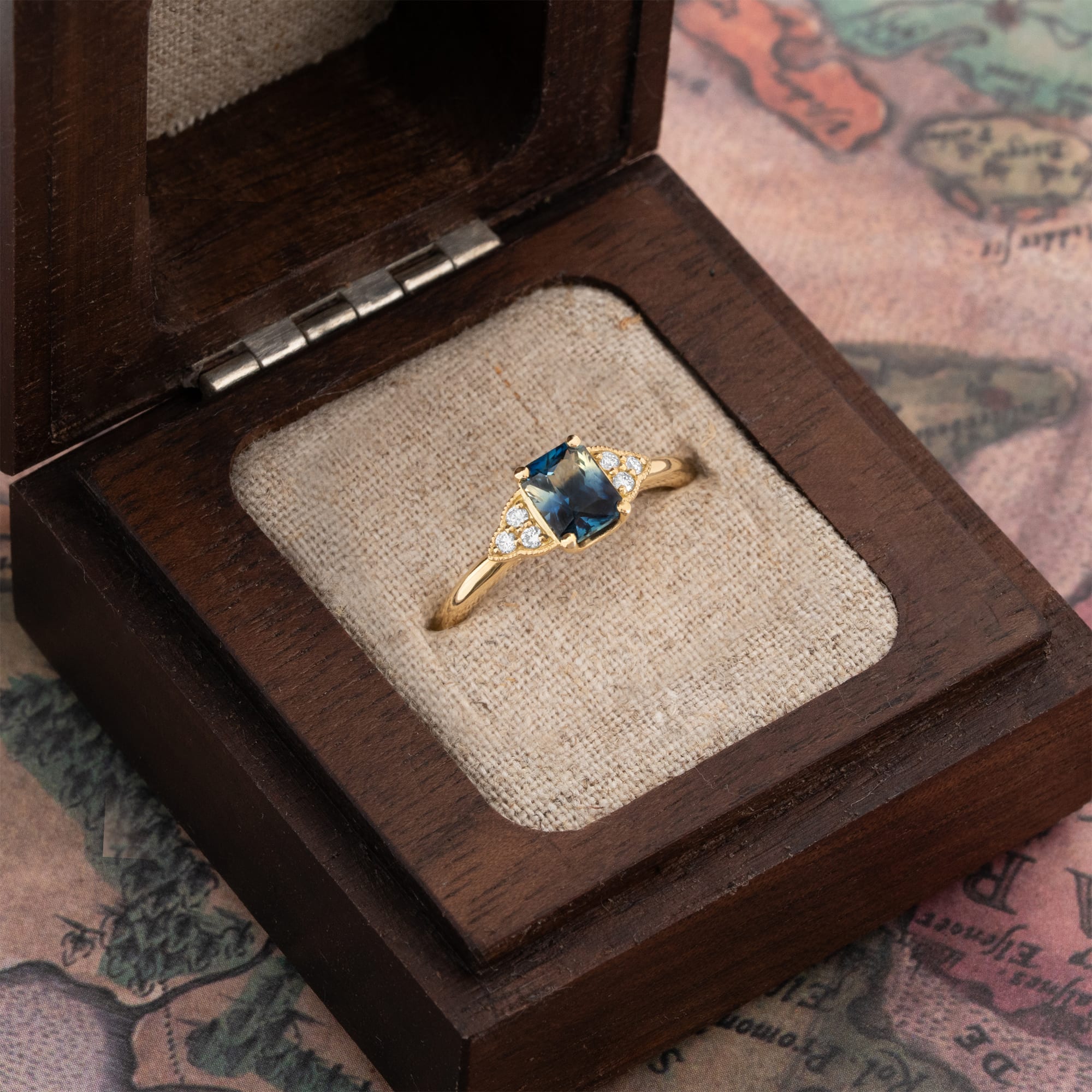 Antique inspired sapphire diamond engagement ring 