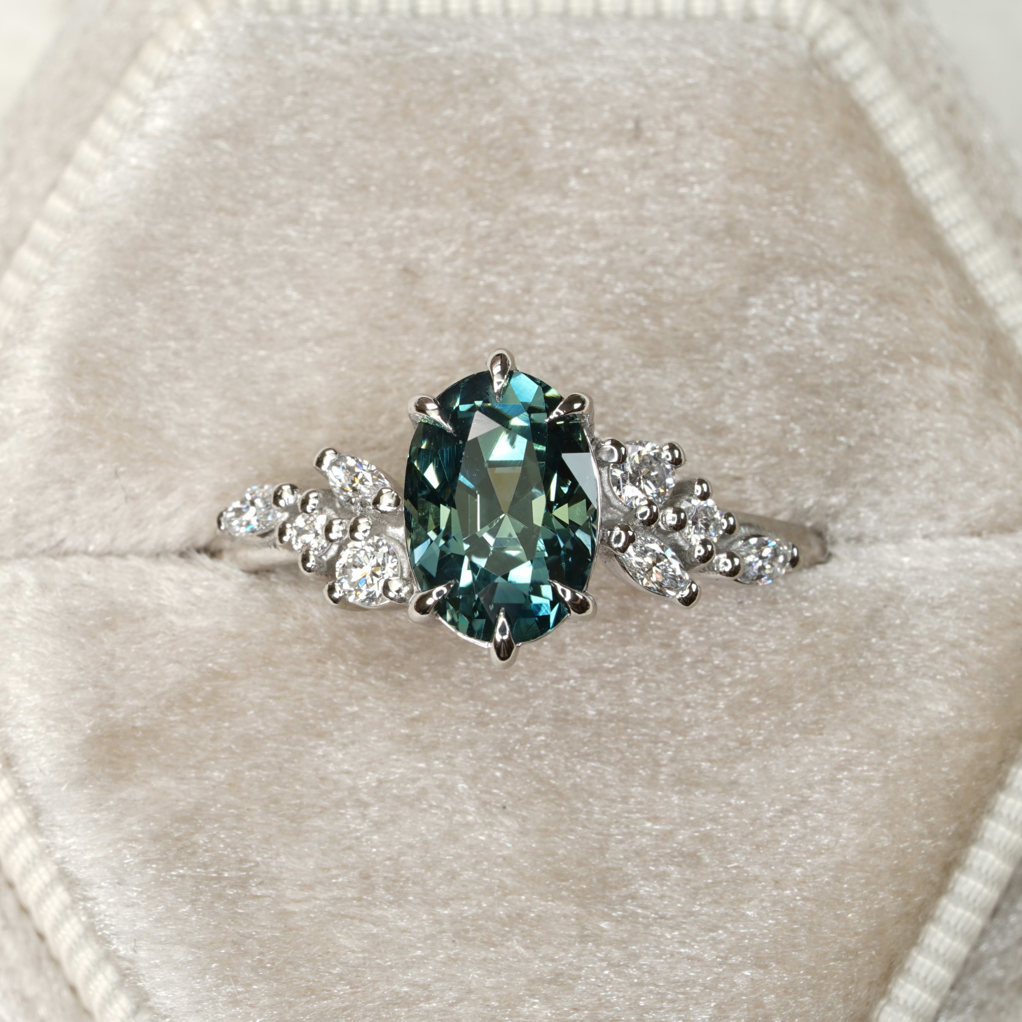 Teal sapphire and diamond floral ring product image
